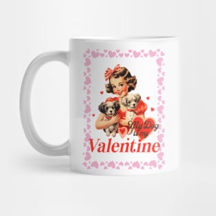 Valentine's Day Illustration For Dog Lovers - Girl With Two Puppies - Vintage Art Mug